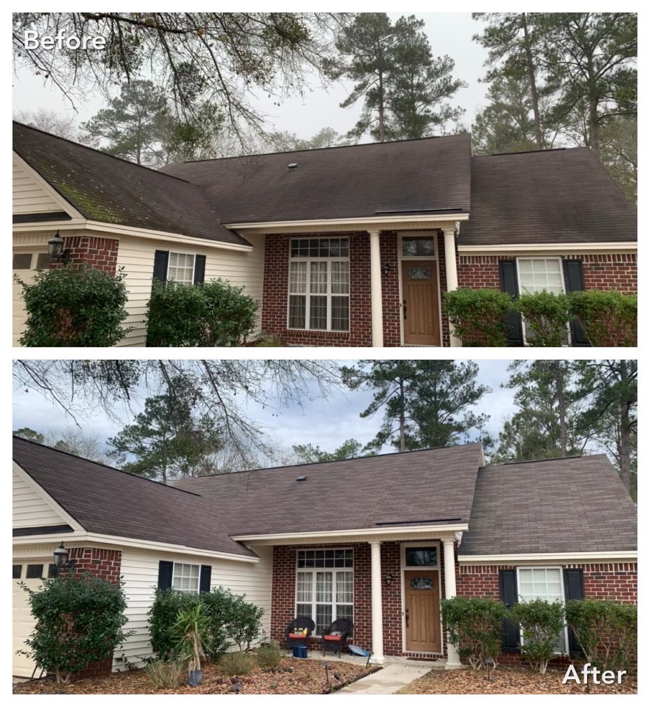 House roof and exterior soft wash before and after