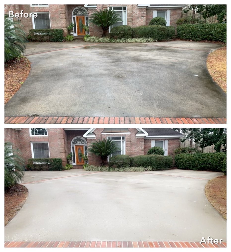 Before and after pressure washing of a Summerville home driveway