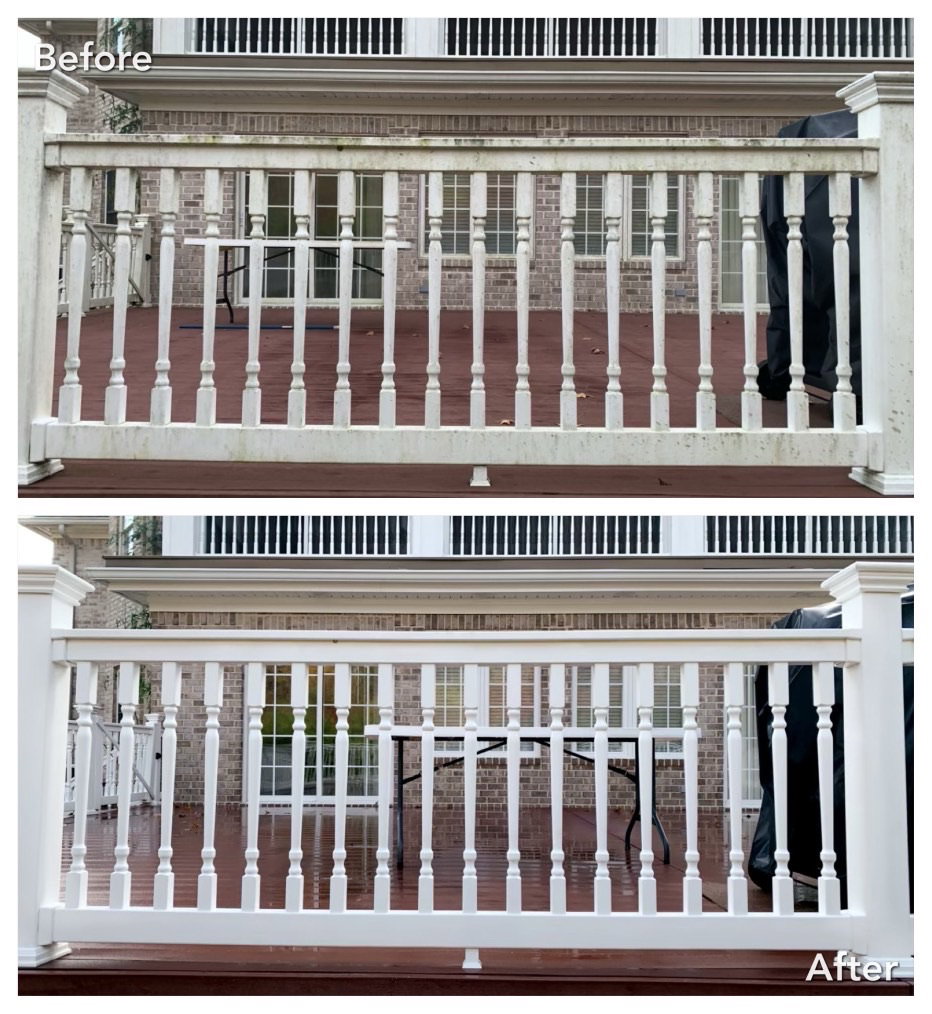 Deck railing pressure washed clean