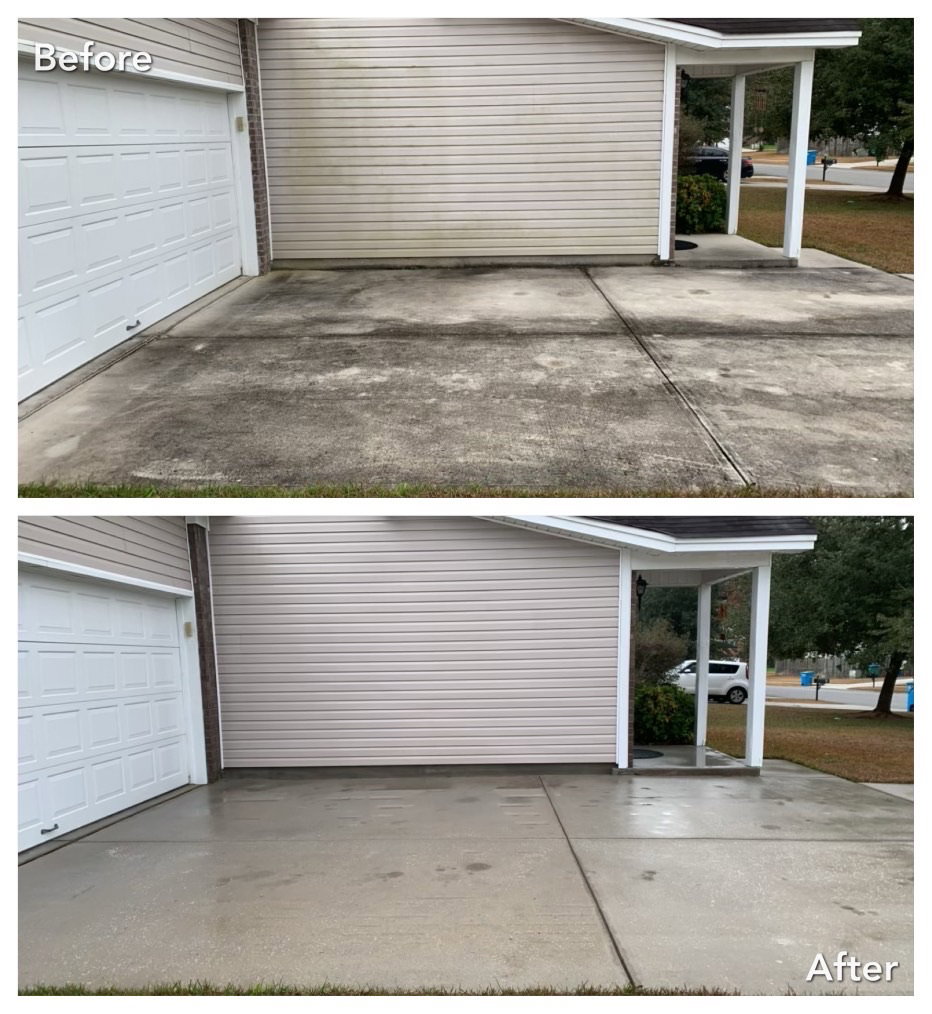 Driveway before and after pressure washing