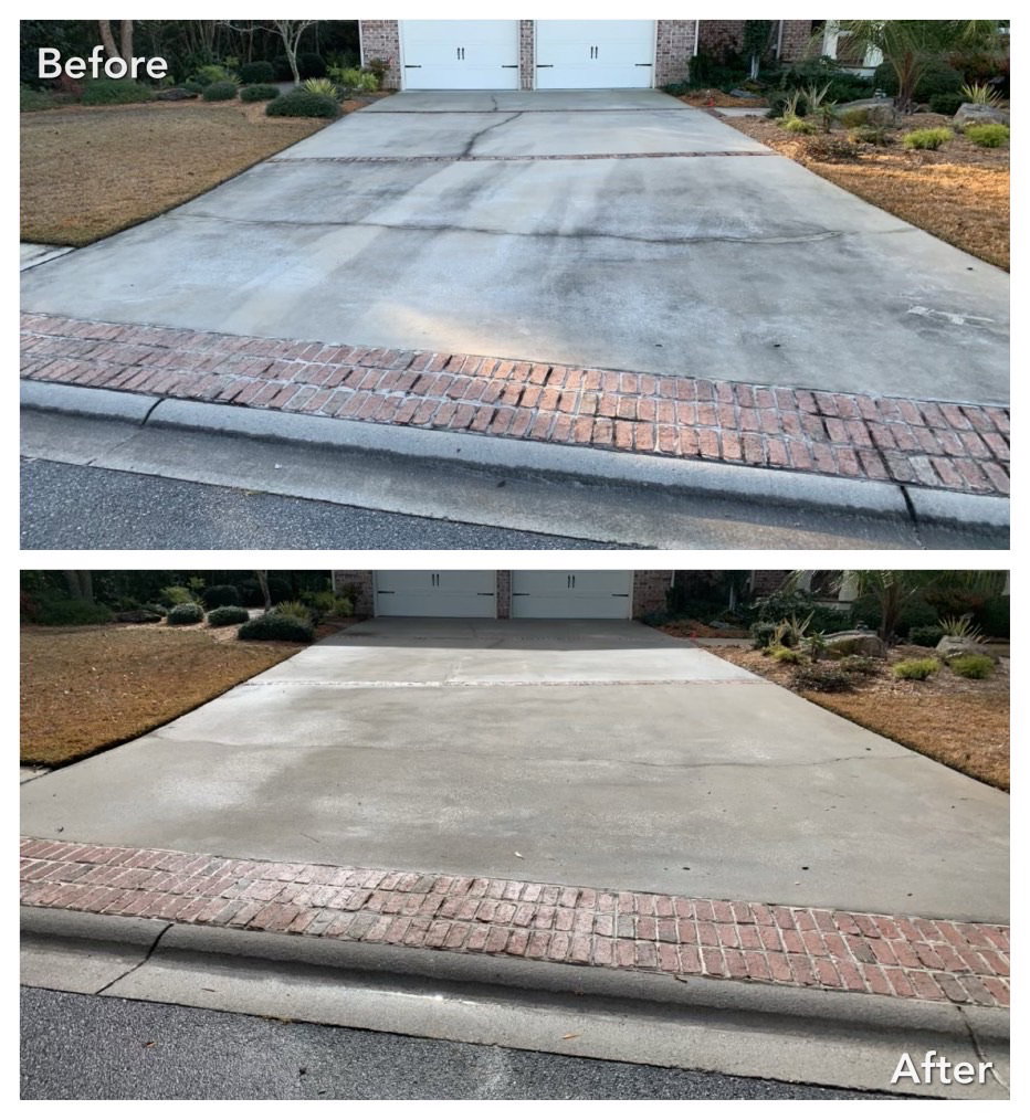 Driveway pressure washing before and after