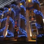 Christmas lights on a building exterior